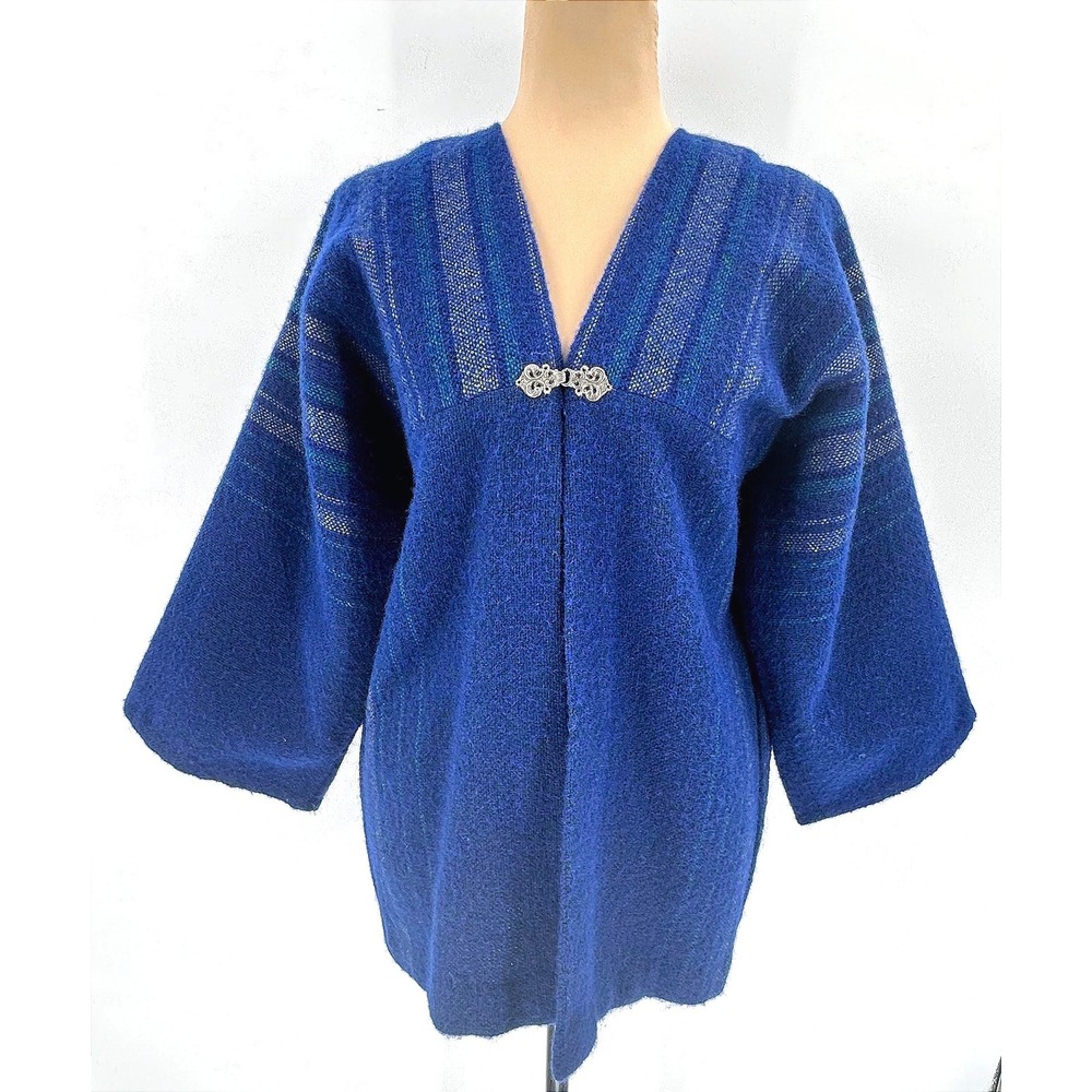 Myrjord Veveri Norway Wool Cardigan Blue Striped Ornate Clasp Medium